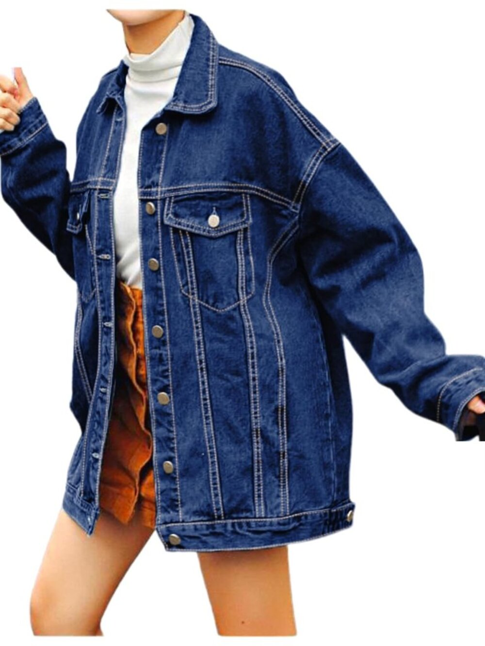 Women's Blue Casual Loose Oversized Denim Jacket Long Sleeved Button Jean Jacket